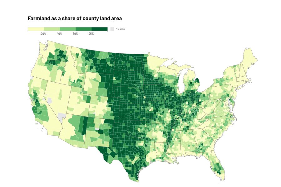 County-level choropleth map of farmland as a share of county land area, densest across the Plains