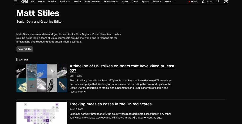 Matt Stiles's CNN profile page showing a list of recent visual stories