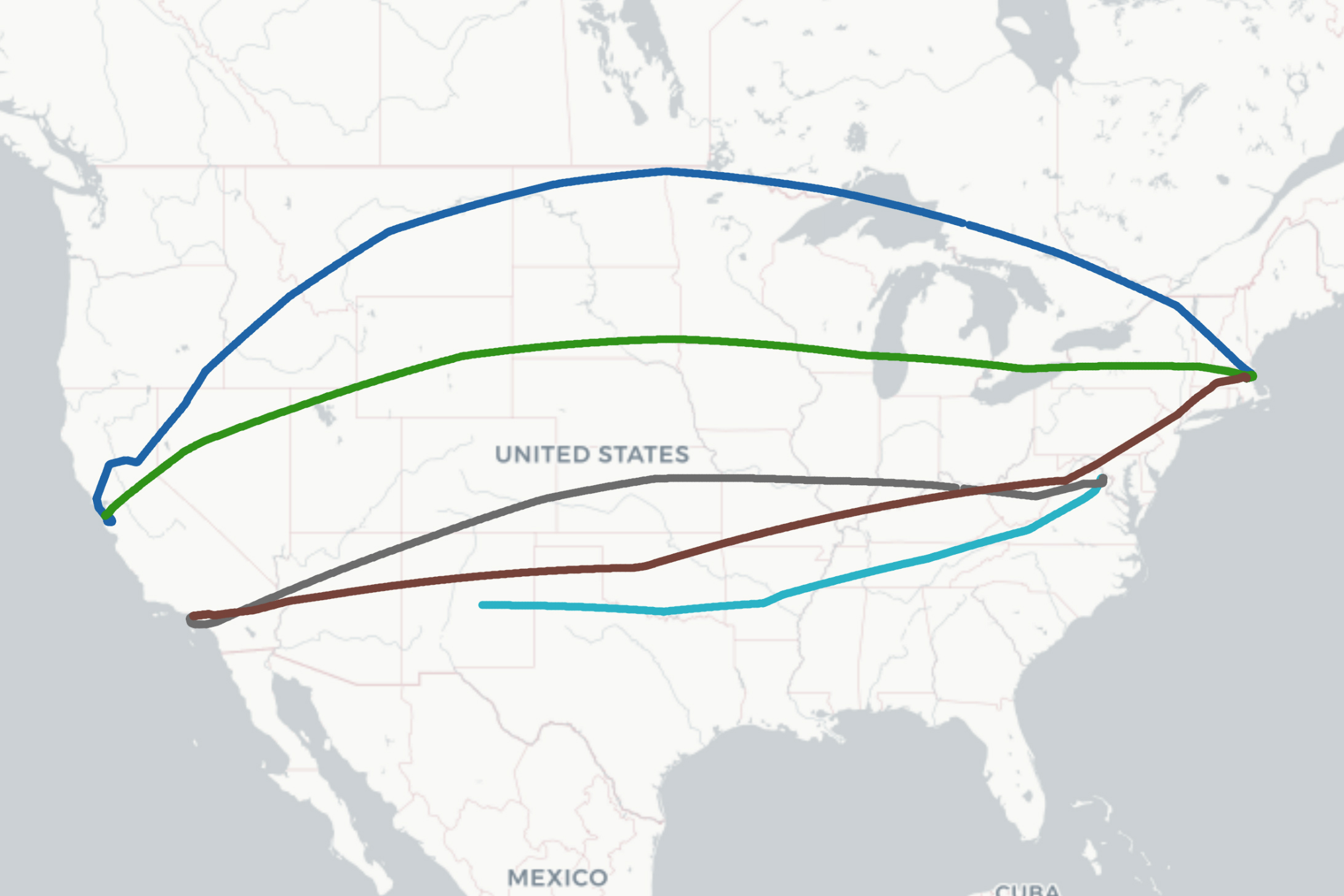 Map tracing five United Airlines flight paths across the United States
