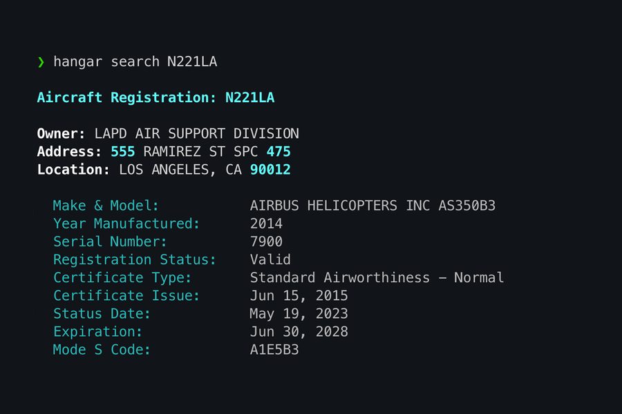 Terminal output from a hangarbay registry lookup, listing the owner, model and airworthiness dates for an LAPD helicopter