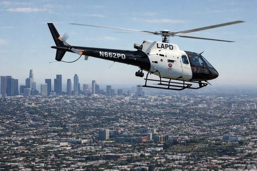 An LAPD helicopter over the Los Angeles skyline