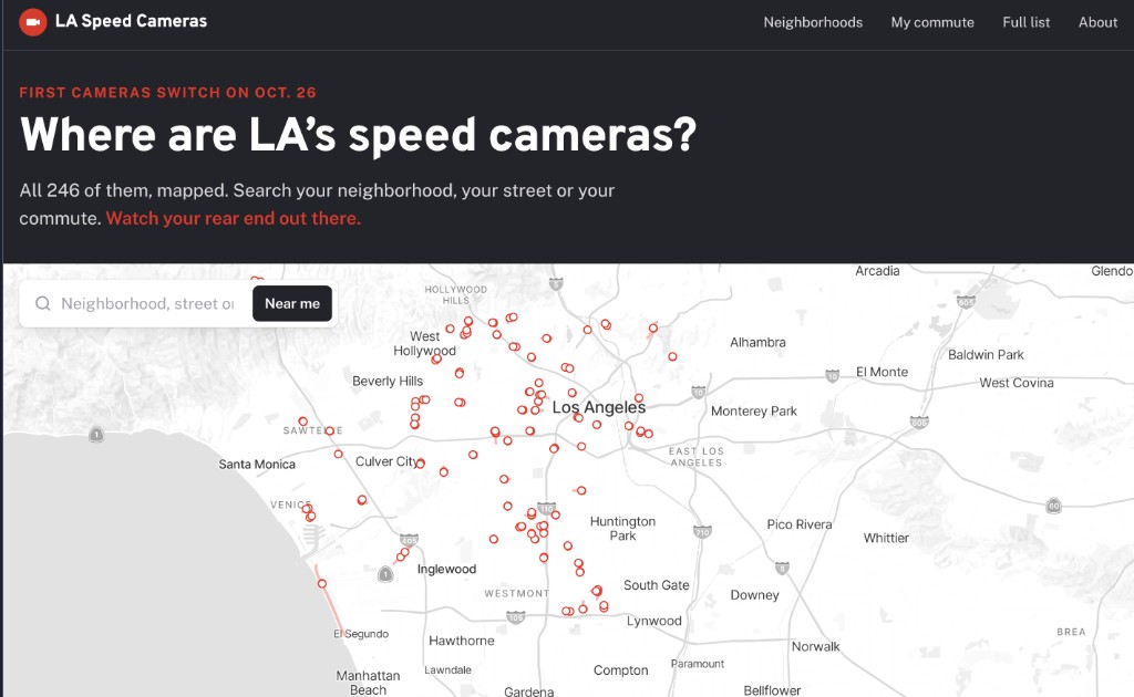 LA Speed Cameras site showing a map of camera locations across Los Angeles