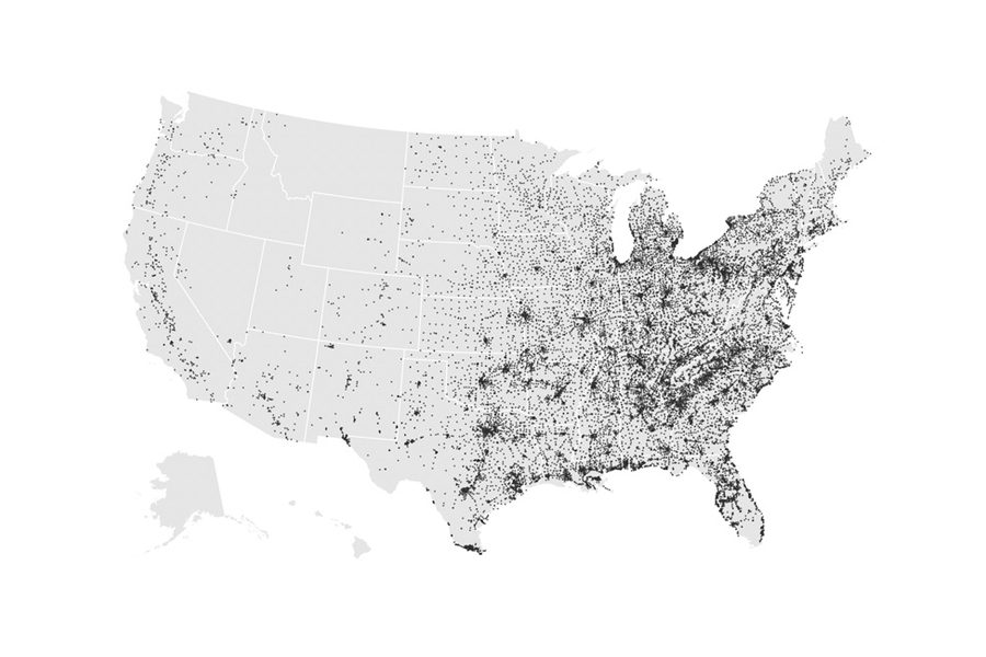 Dot density map of the United States showing thousands of retail locations