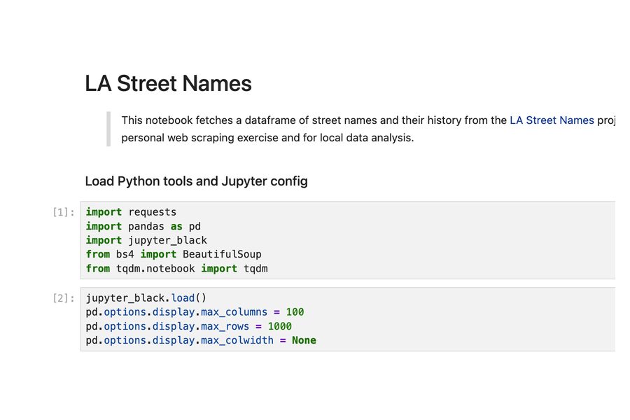 An LA Street Names Jupyter notebook, with its summary cell above Python import and pandas display settings
