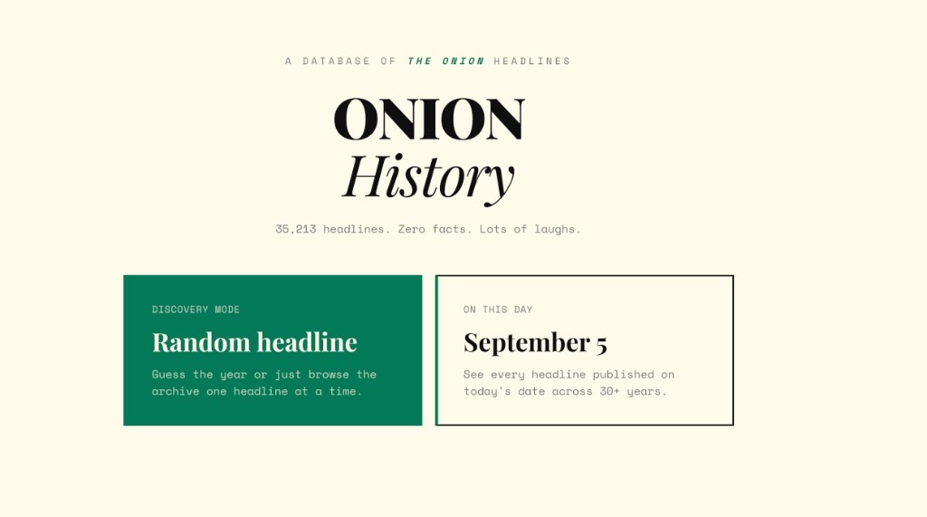 Onion History homepage with options to browse a random headline or a date