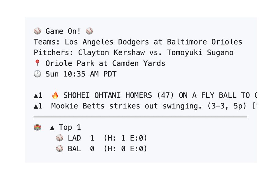 Terminal output from a utilityman game, showing the play-by-play, a compact scoreboard and scoring plays as they happen